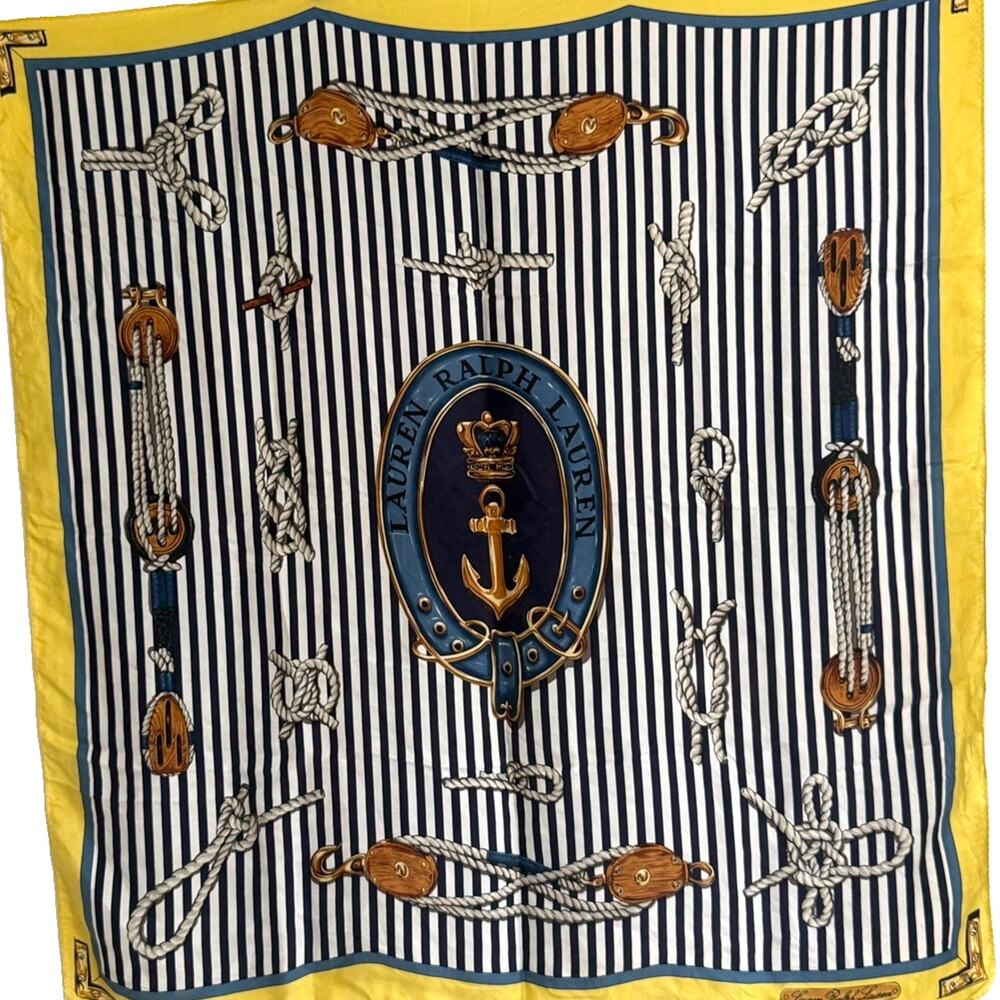 Ralph Lauren Yacht Club Silk Twill Nautical Striped Logo Square Scarf 34x34